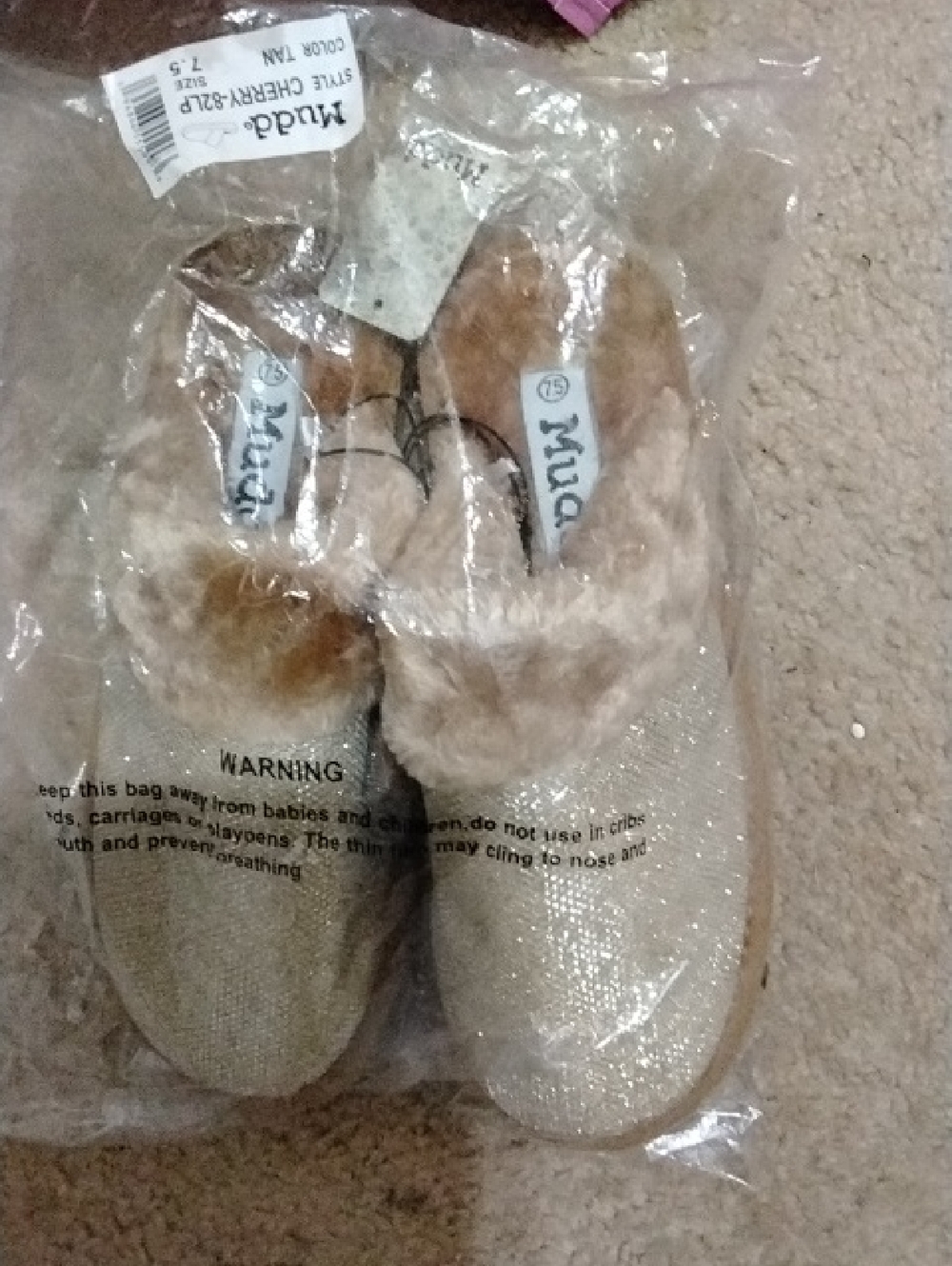 Mudd Girls' Glitter Slip-On Slippers in Beige Faux Fur